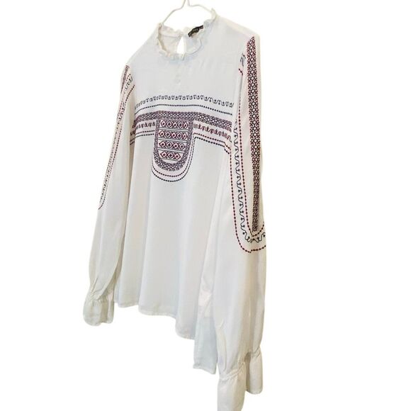 Zara Basic Collection Embroidered Ruffle Trim Long Sleeve Top White Medium - Picture 2 of 5